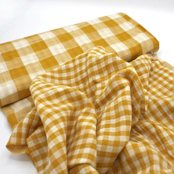 Double Sided GINGHAM Double Gauze Cotton Fabric in Ochre 11