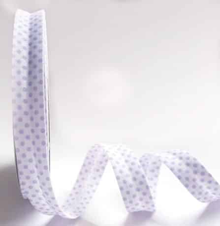 Roll of white and lilac 18mm dot bias binding