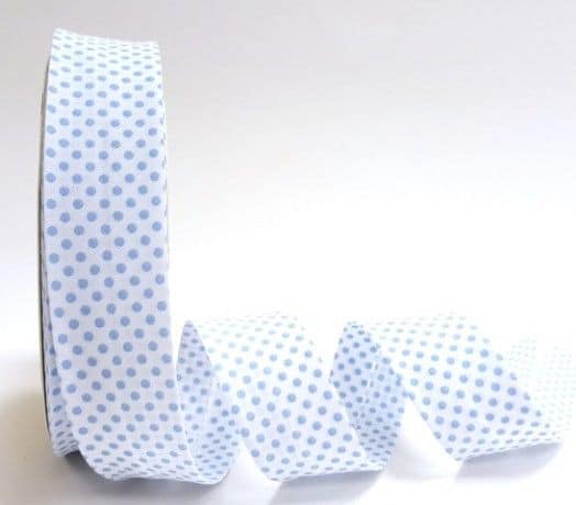 25m roll of Dot Bias Binding Tape with 30mm width in White / Baby Blue 415