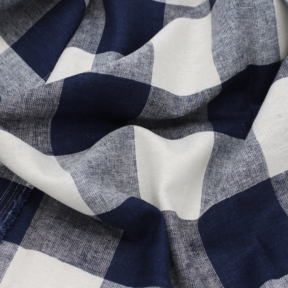 Linen and Viscose Rayon Large Gingham Check Fabric in Navy