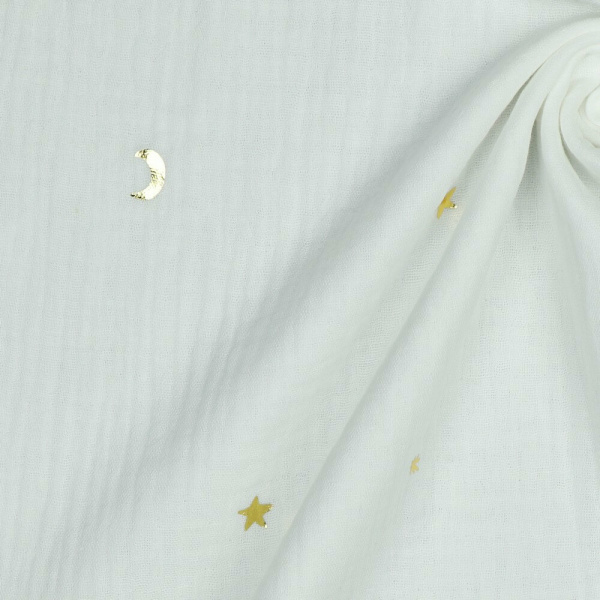 Foil Stars and Moons Double Gauze Fabric in White
