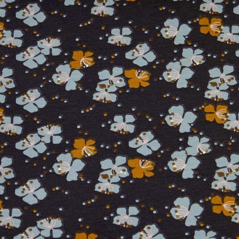 brown cotton fabric with blue flowers