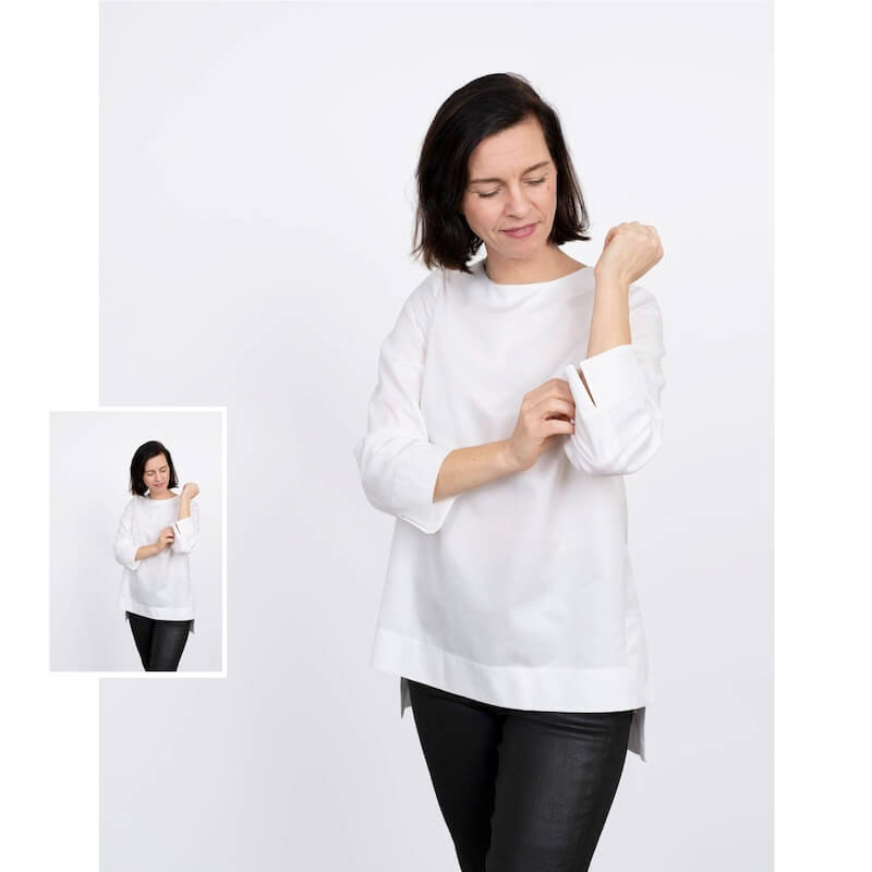 Fashion Model Wearing Assembly Line Sewing Pattern for Long Sleeve Tunic | Average XL - 3XL