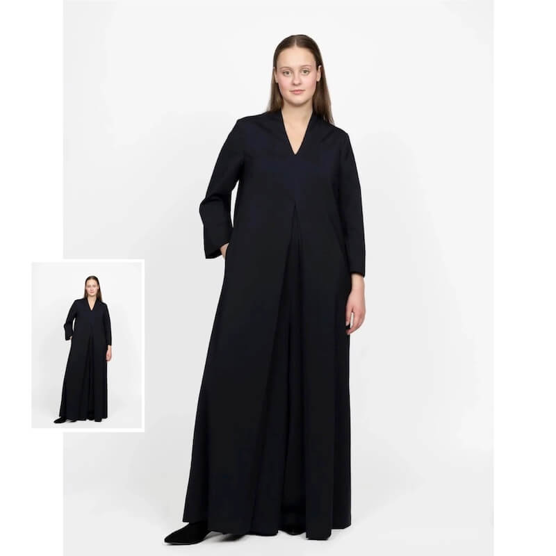 lady wearing Assembly line maxi jumpsuit pattern