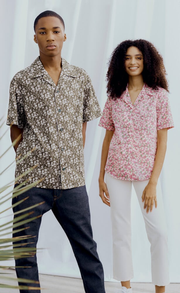 man and a woman modelling a Liberty print floral fabric shirt