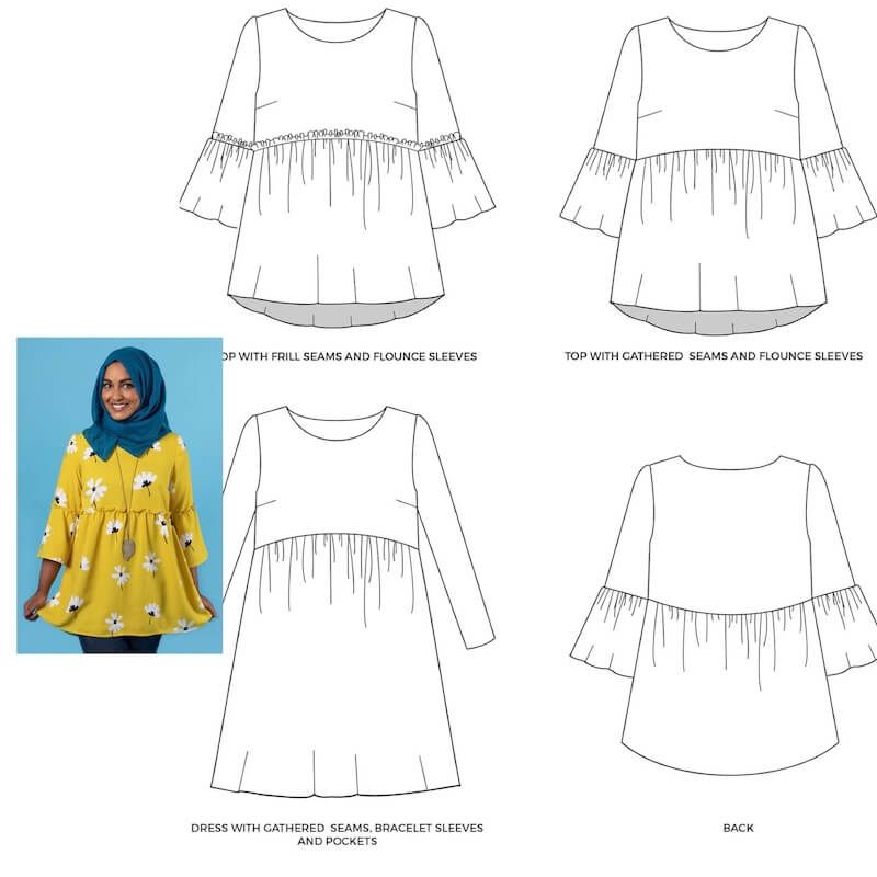 Fashion Model Wearing Tilly and the Buttons Sewing Pattern for Indigo Dress & Top | Confident Beginner