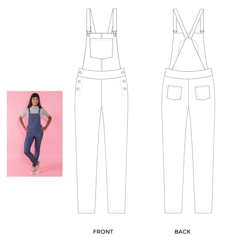 Fashion Model Wearing Tilly and the Buttons Sewing Pattern for Mila Dungarees | Confident Beginner 6 - 20