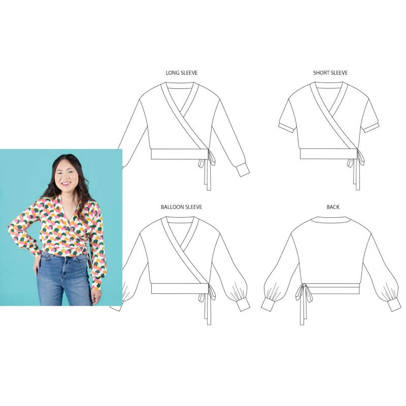 Fashion Model Wearing Tilly and the Buttons Sewing Pattern for Pearl Wrap Top | Confident Beginner 6 - 24