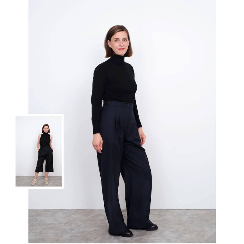 Fashion Model Wearing Assembly Line Sewing Pattern for High Waisted Trousers - Average XL -XXX L