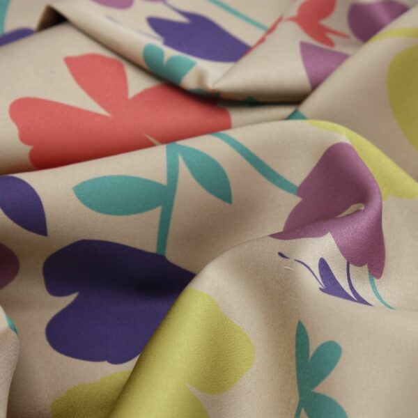 softly folded floral printed satin fabric in camel