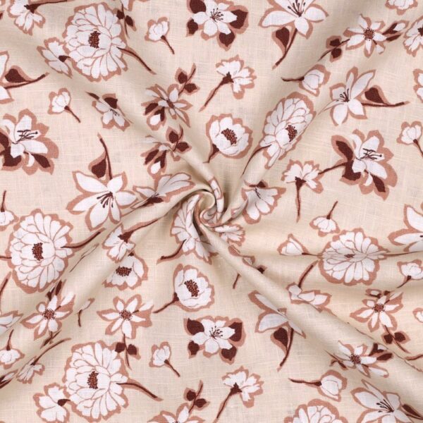 close up of a big floral linen print fabric in natural