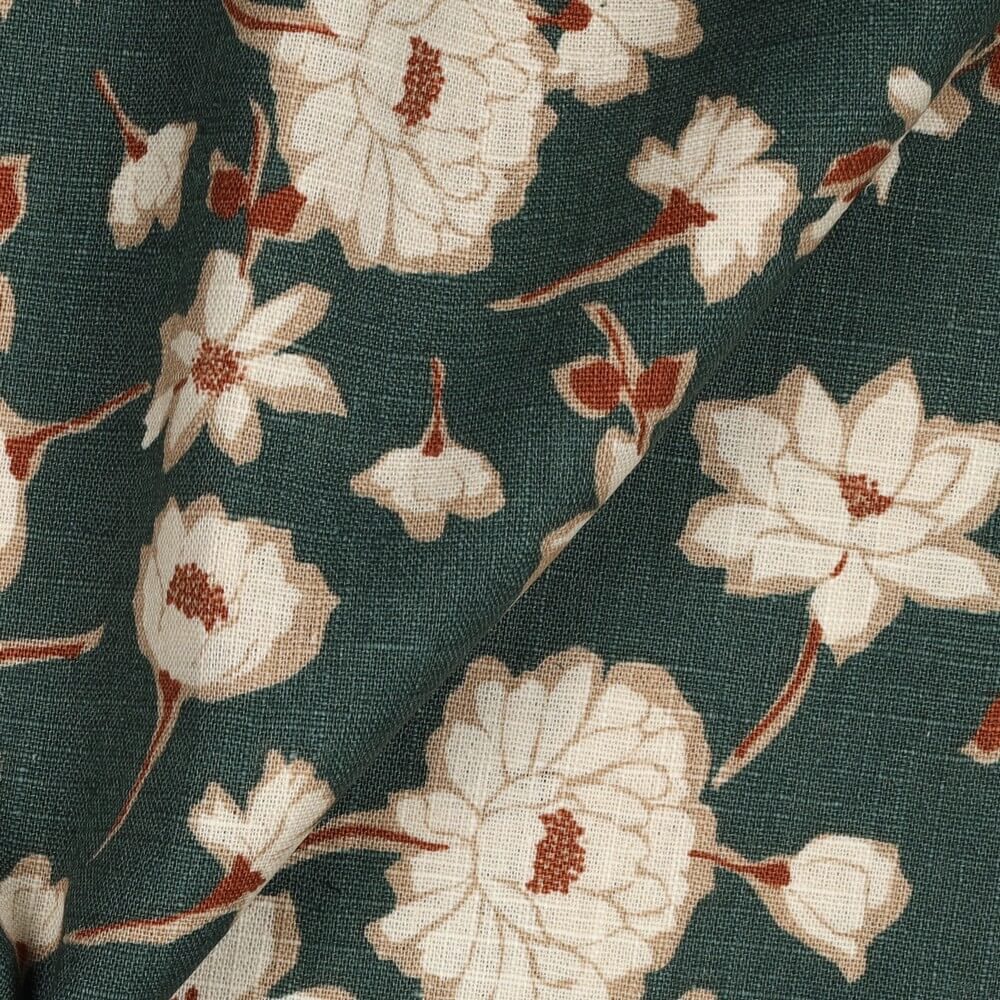close up of a big floral linen print fabric in green