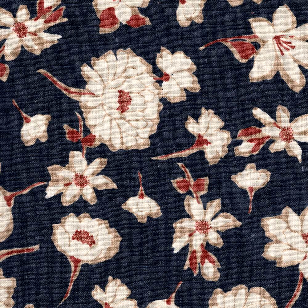 close up of a big floral linen print fabric in navy