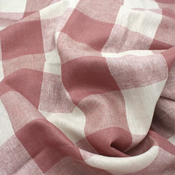 Linen and Viscose Rayon Large Gingham Check fabric in Dusty Pink