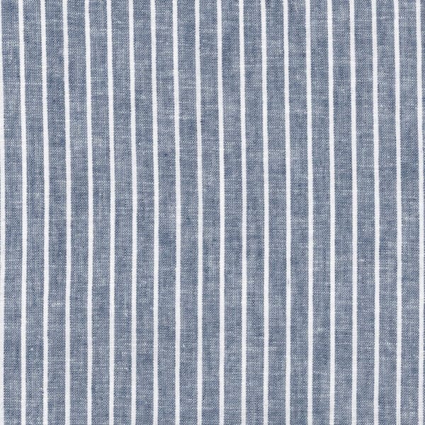 close up of linen and cotton stripe fabric in denim