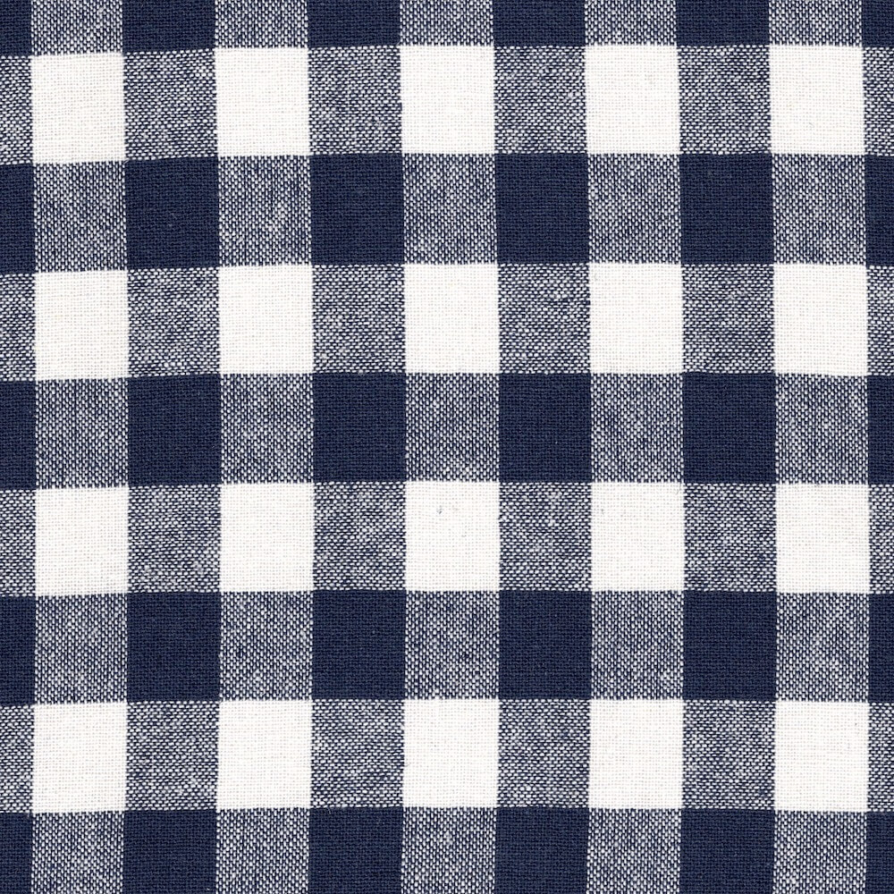 close up gingham cotton and linen fabric in navy