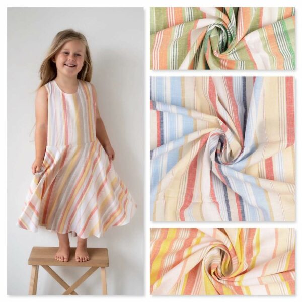 collage blue stripe barcode fabric with young girl wearing the fabric in a dress