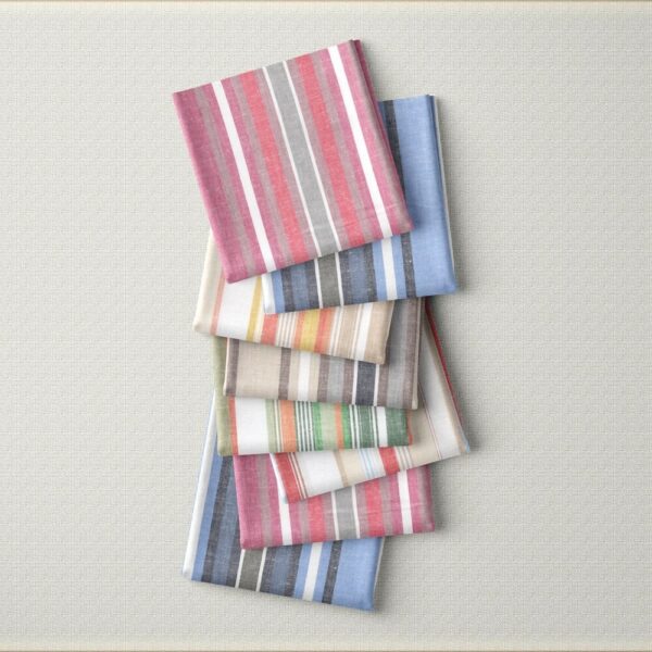 pile of various striped linen fabric in a zig zag row