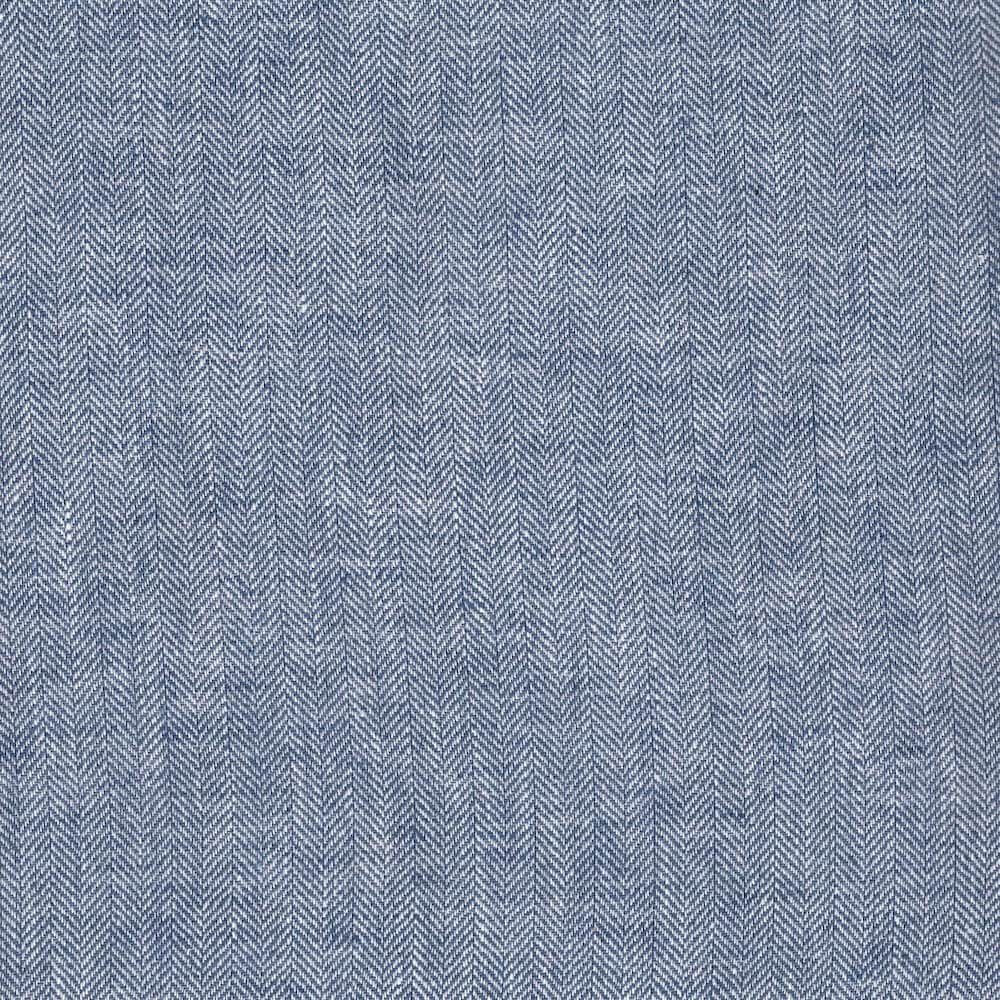 close up of linen and cotton fine herrinbone weave stripe in blue