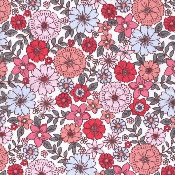 pink tones mod small flowers on white cotton woven fabric