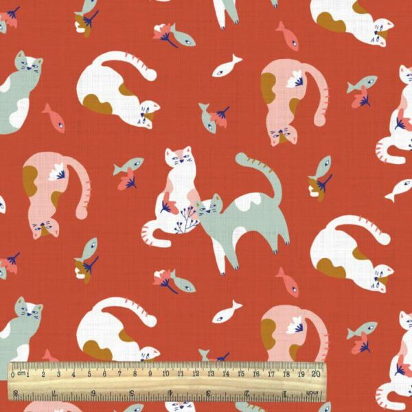 chadwick cats print on rich flame cotton fabric with ruler