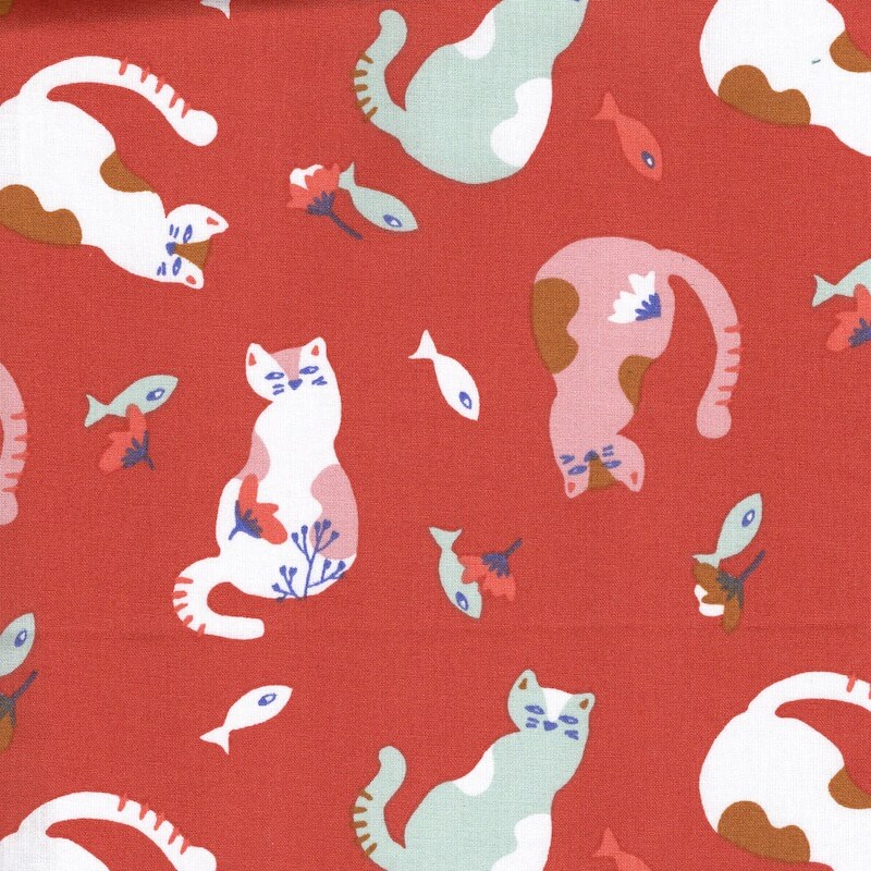 chadwick cats print on rich flame cotton fabric