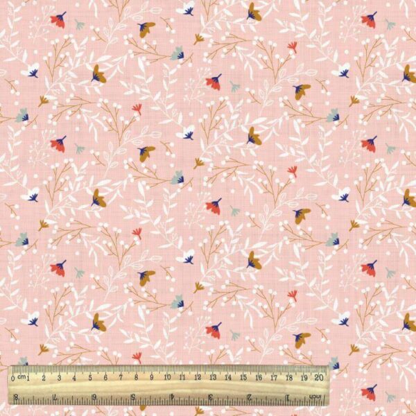 chadwick all over flowers on pink cotton fabric with ruler