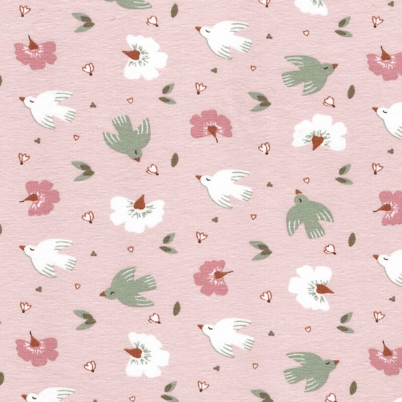 birds on pink from the adele angel cotton jersey fabric collection