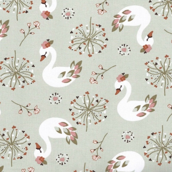 Angele Cotton Fabric Ecyno Sweet Swans in Dusty Mint Green