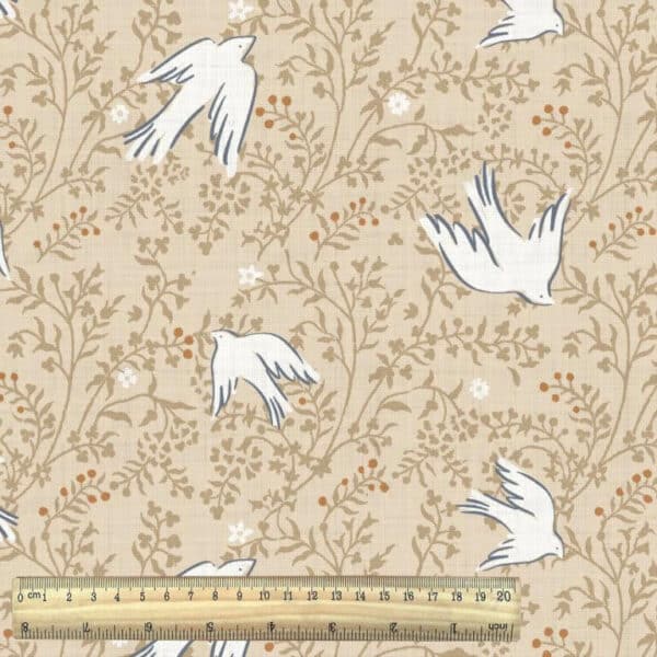 Daphne birds and branchs on natural ground from the Odisha collection dressmaking fabrics  with ruler