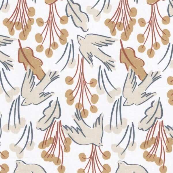 Odisha Diane Birds and Sprigs Printed Cotton Fabric in White