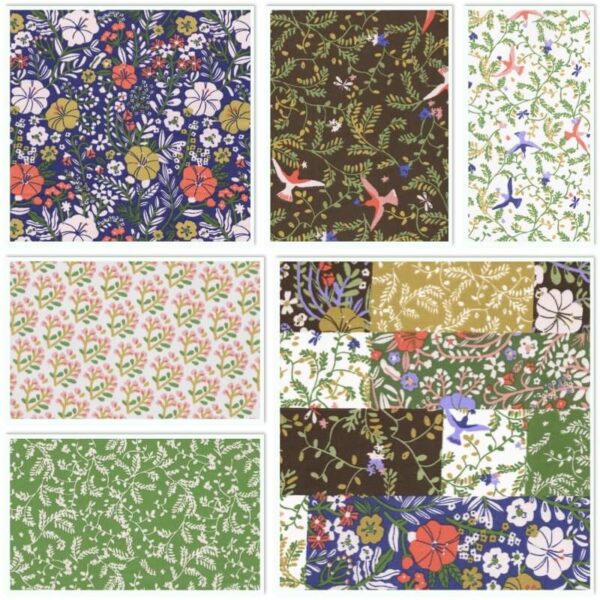 collage of all designs in the Domotex Blosy fabric collection