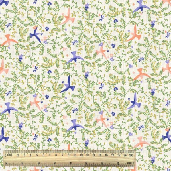 Allover blue humminhbirds print from the Blosy fabric collection with ruler