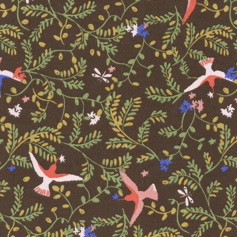 Allover birds on brown floral print from the Blosy fabric collection