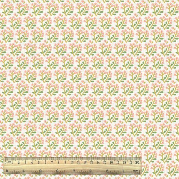 Allover pink sprig floral print from the Blosy fabric collection with ruler