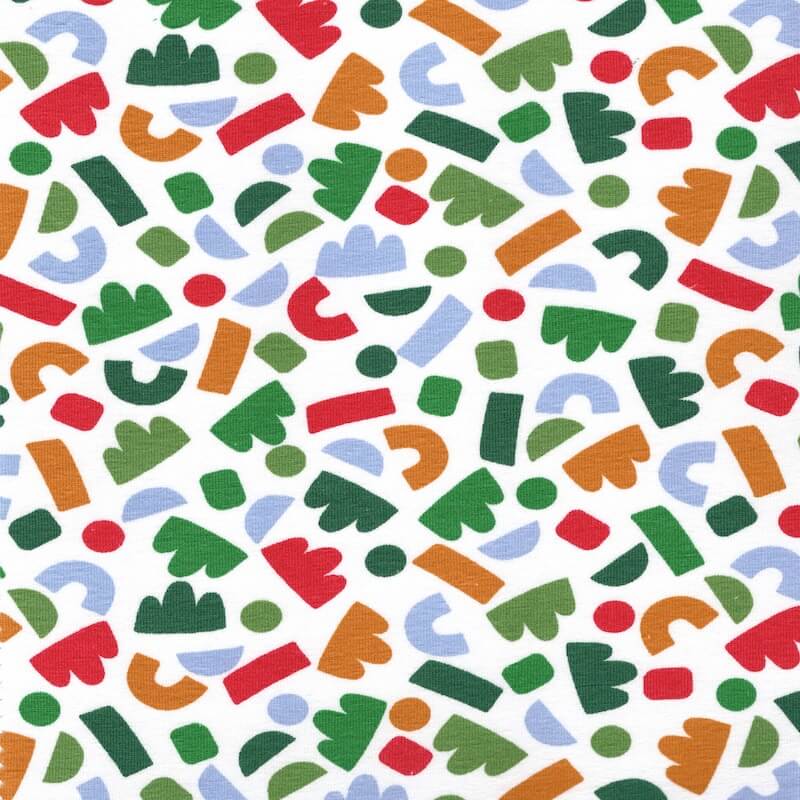 colourful jelly bean shapes on white jersey