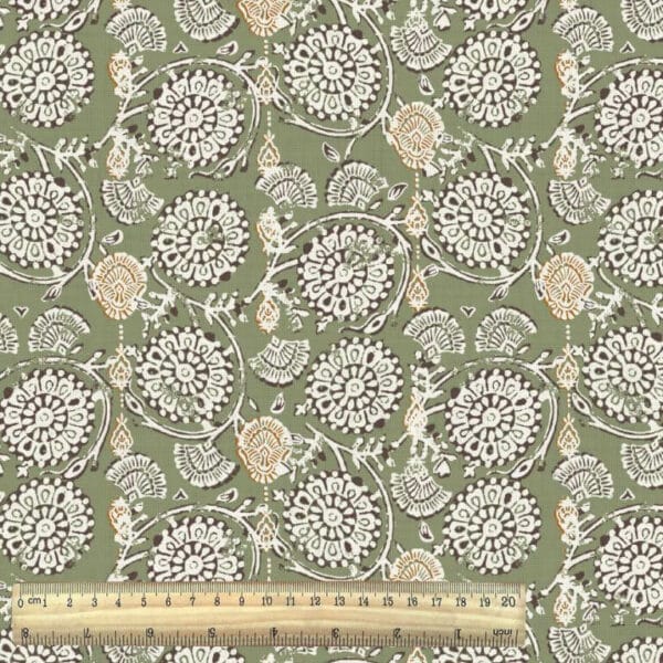 vintage rustic jivana print cotton fabric from the Semara collection with ruler