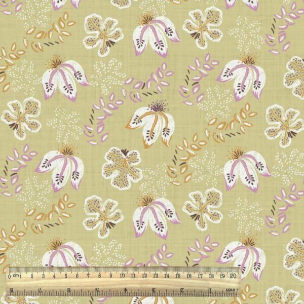 vintage rustic orchid print cotton fabric from the Semara collection with ruler.