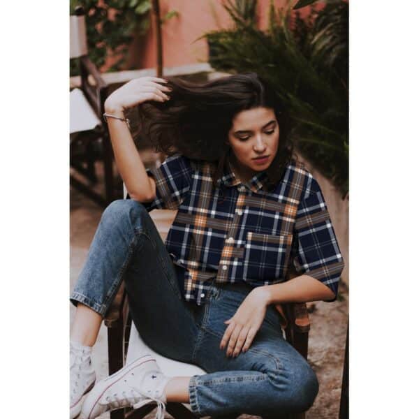 lady wearing a shirt in navy flannel check cotton Higgs and Higgs