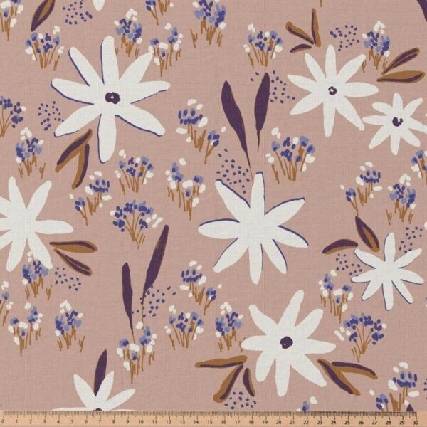 striking modern floral white flowers on minky coffee cotton print fabric Higgs and Higgs