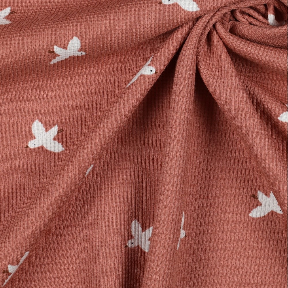 Waffle Jersey Bird Print Towelling & Dressmaking Fabric in Blush