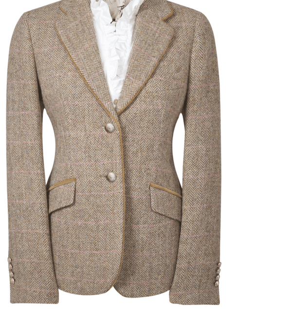 Wool tweed herringbone jacket in brown.