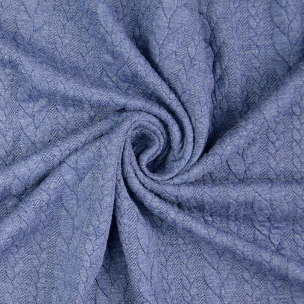 Lavender blue cable knit jersey fabric in a swirl