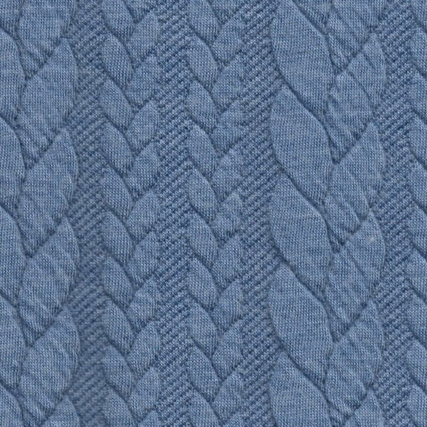 Close up - Lavender blue cable knit jersey fabric Higgs and Higgs