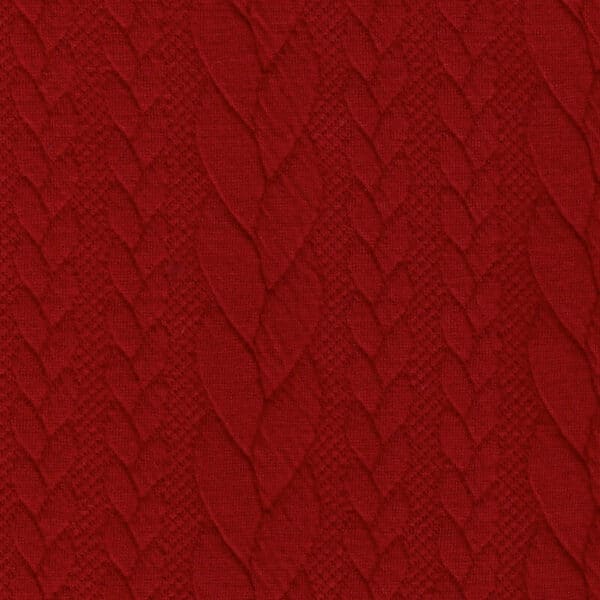 Close up - Deep red cable knit jersey fabric Higgs and Higgs