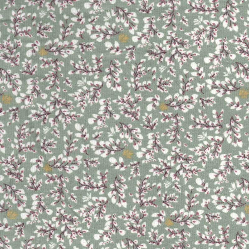 Floral printed cotton babycord fabric retro green Mayeze - Image 4