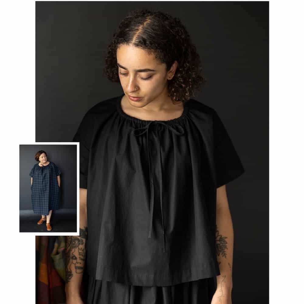 Fashion Model Wearing Merchant and Mills Sewing Pattern for Clover Top - Beginner XS - XL
