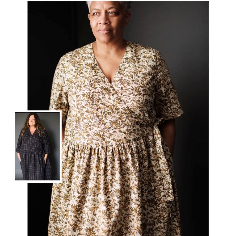 Fashion Model Wearing Merchant and Mills Sewing Pattern for Etta Wrap Dress - Intermediate 6 - 18