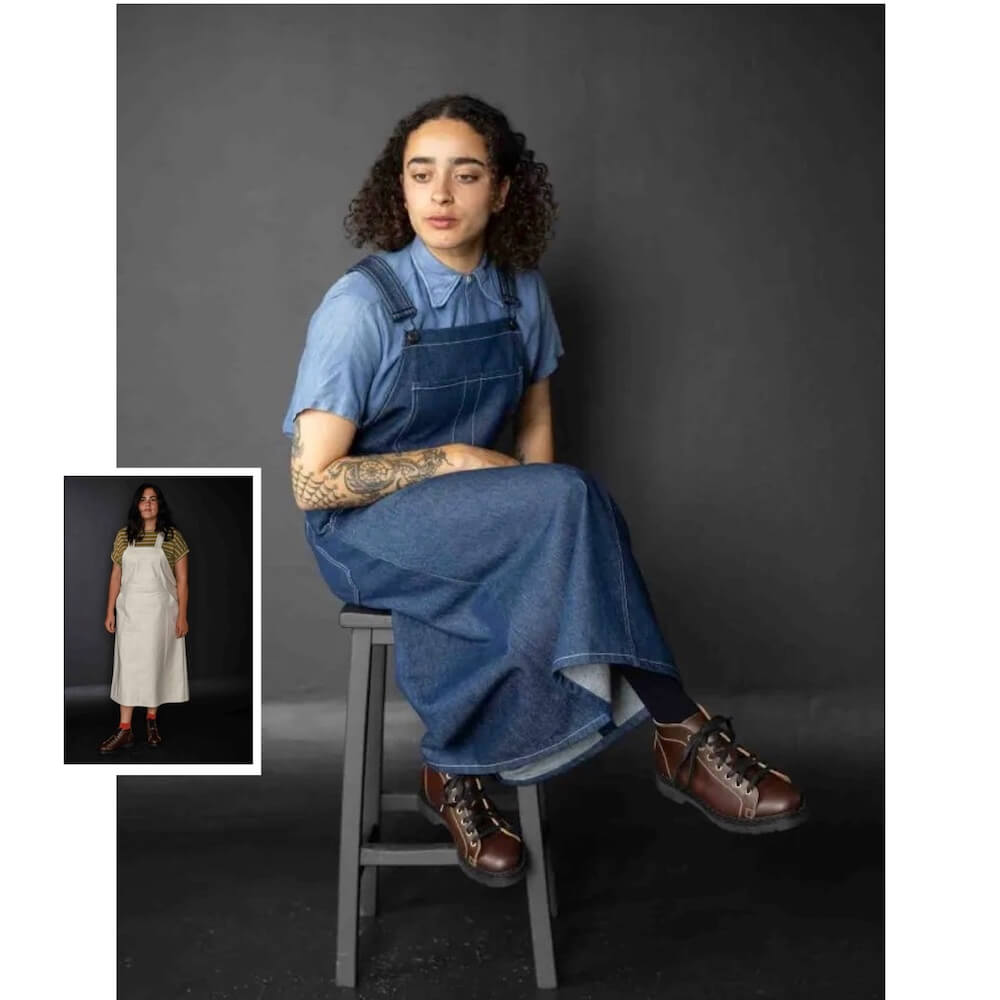 Fashion Model Wearing Merchant and Mills Sewing Pattern for Margo Pinafore - Intermediate 18 - 28