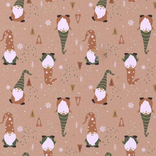 Gnome Holiday Fun Cotton Fabric in Rustic Pink